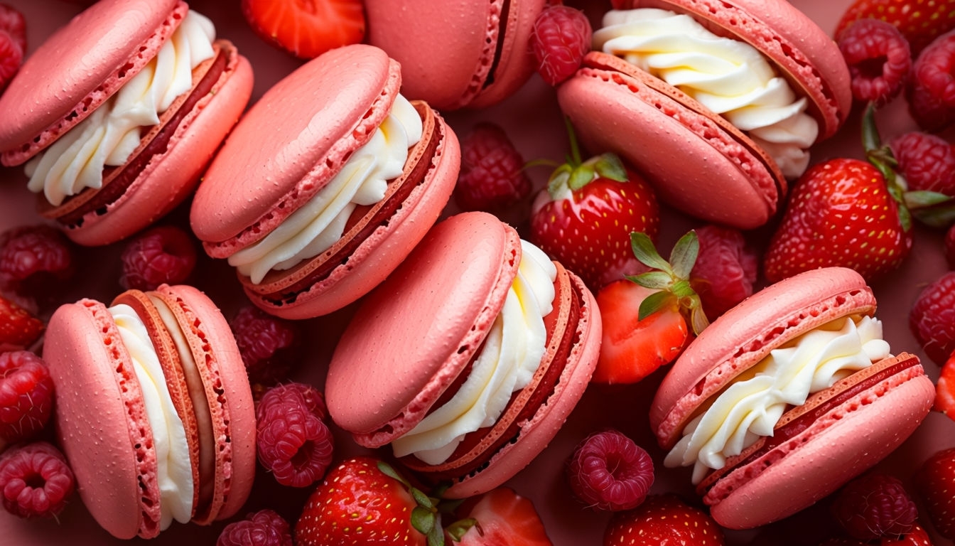 Vibrant Red Macarons with Fresh Berries Close-Up Background Virtual Backgrounds