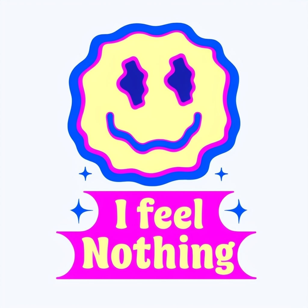 Playful Abstract Smiley Face with 'I Feel Nothing' Text Sticker