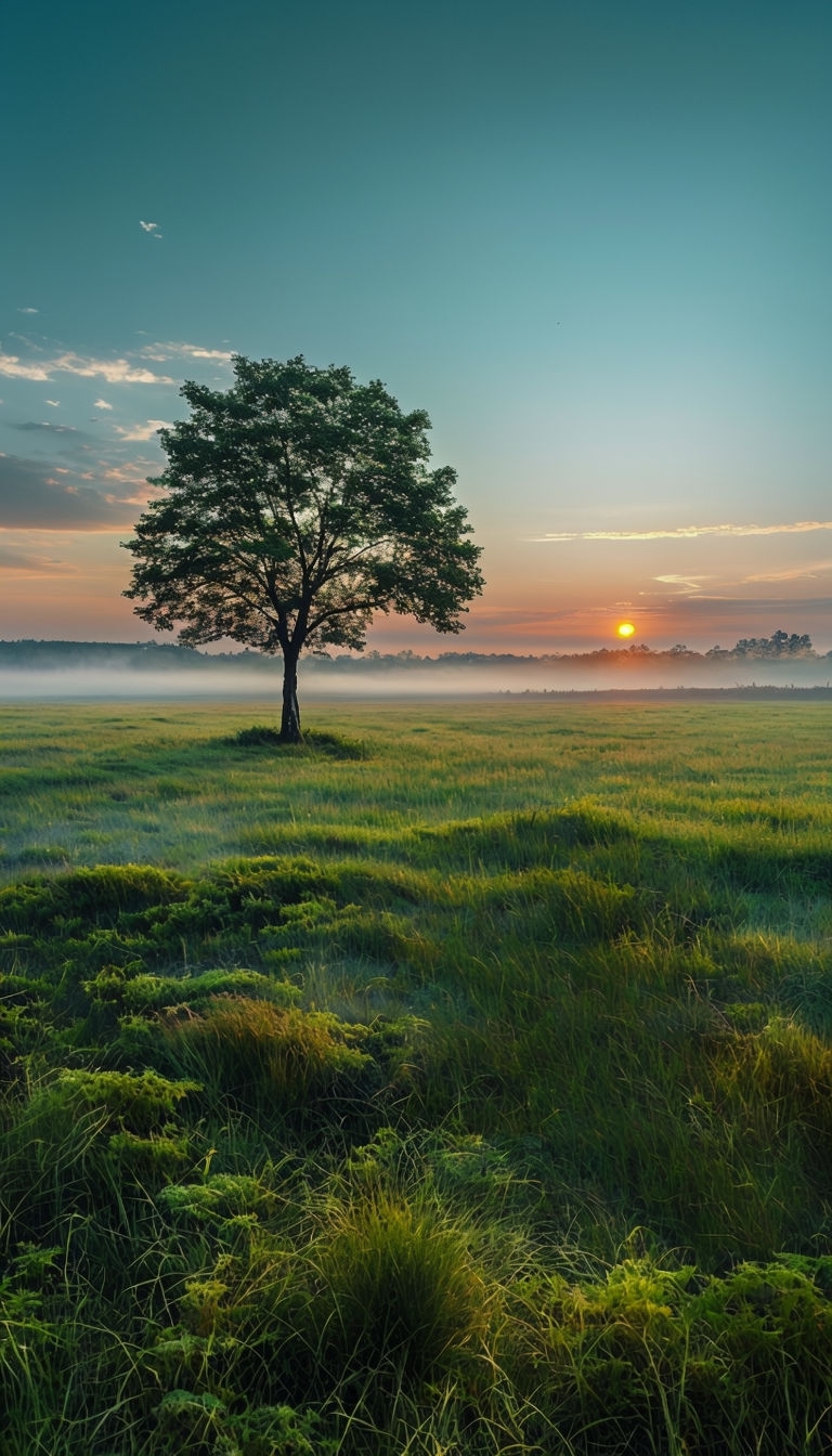 Serene Sunrise Landscape with Lone Tree in Meadow Mobile Wallpaper