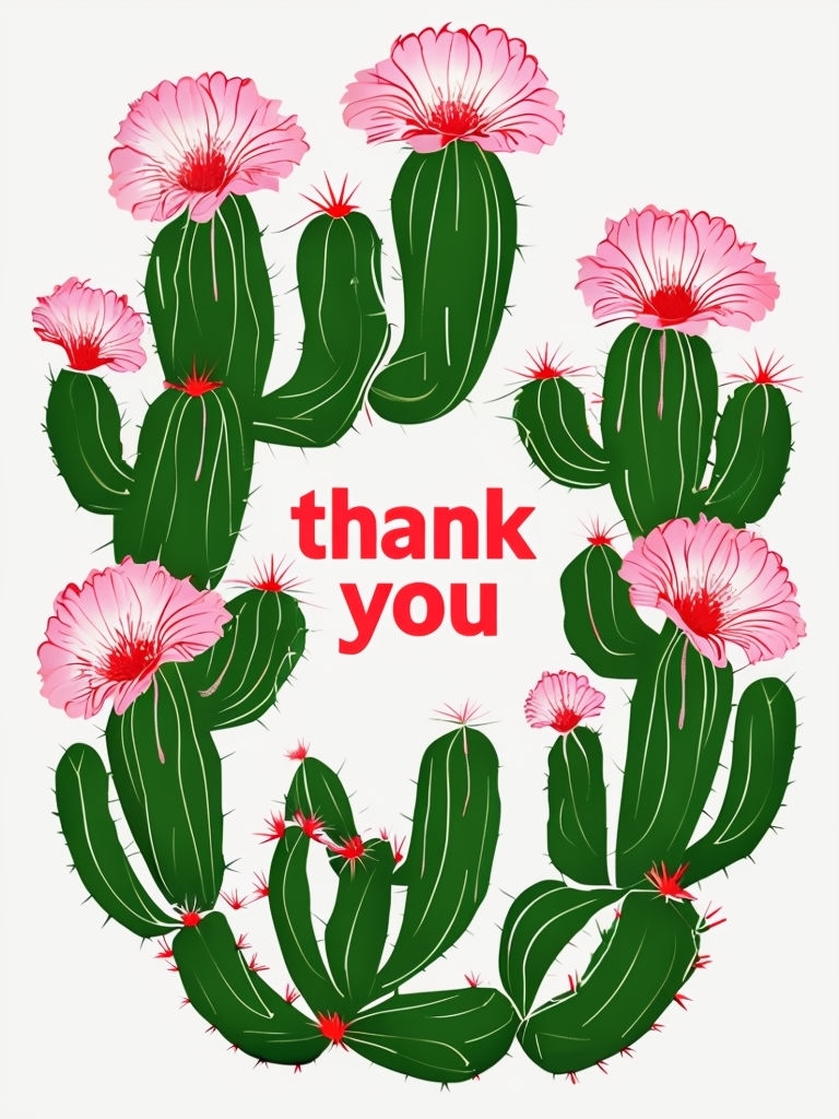 Vibrant Cacti and Pink Flowers Thank You Card Illustration