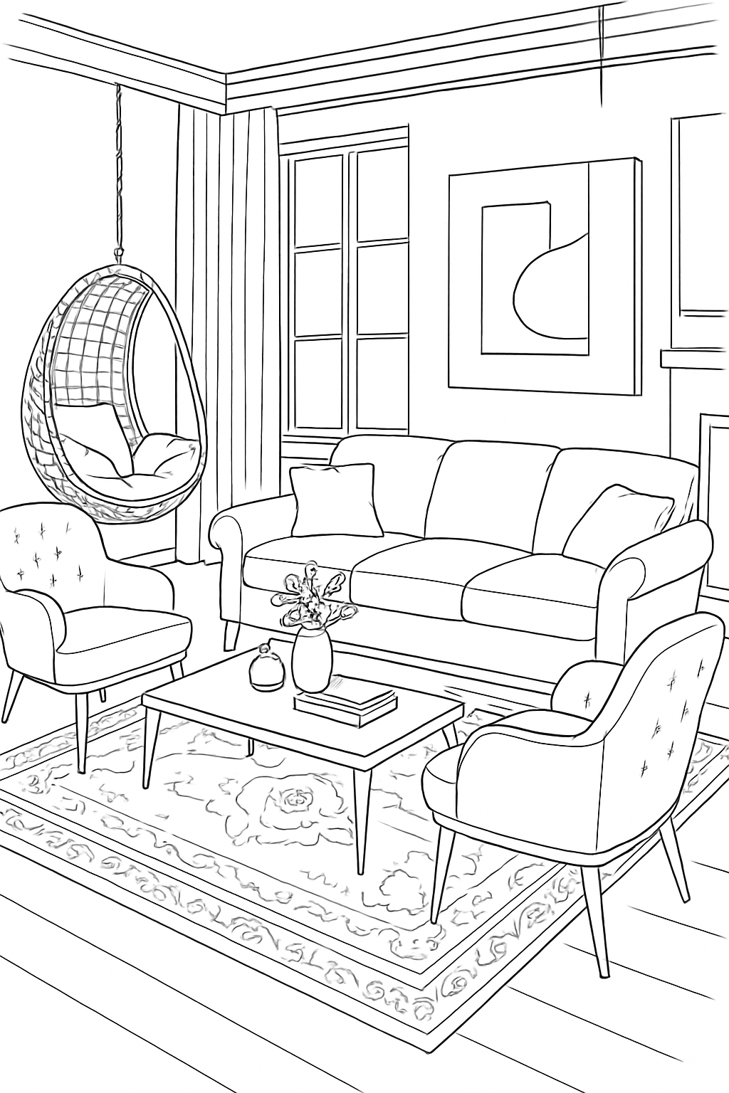 Cozy Modern Living Room Line Drawing for Relaxing Coloring Book Pages
