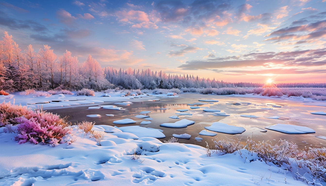 Serene Winter Landscape with Snow and Pastel Sunset Background