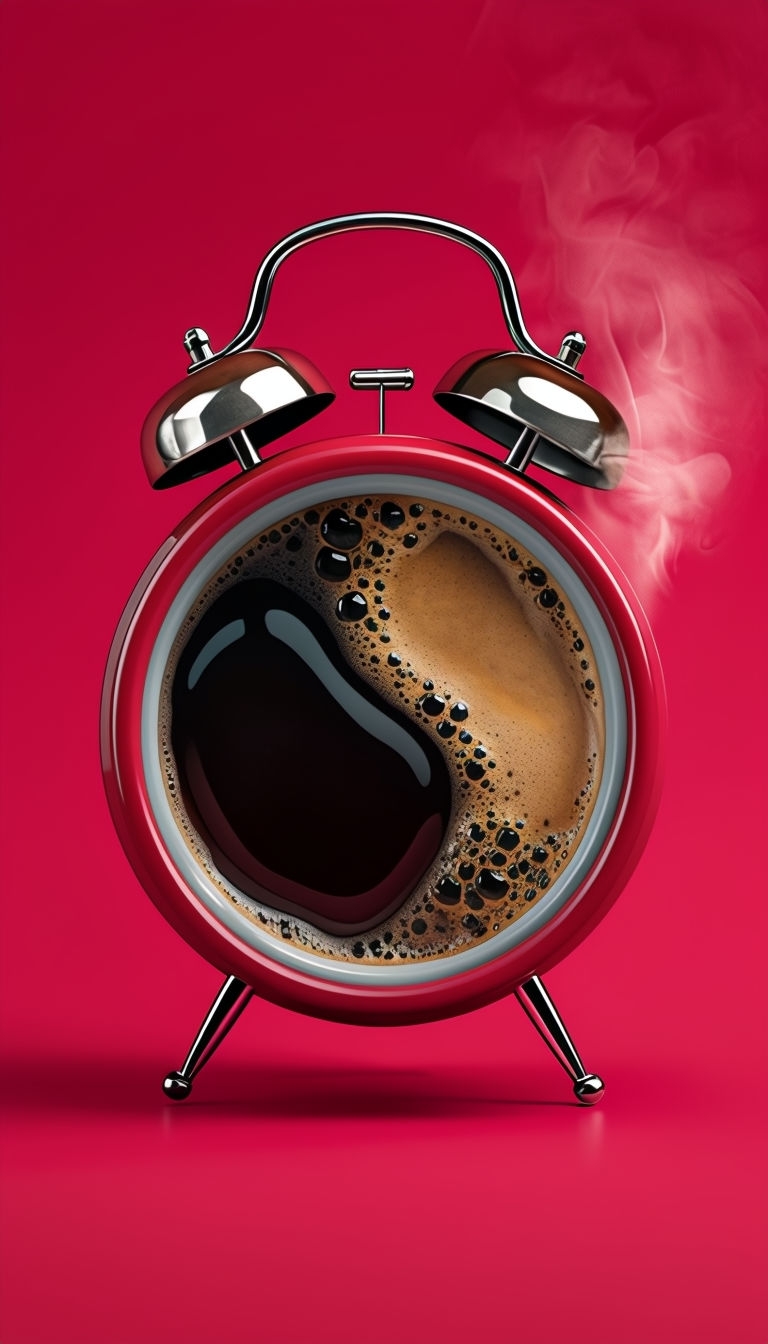 Whimsical Vintage Red Alarm Clock with Coffee Artwork Mobile Wallpaper