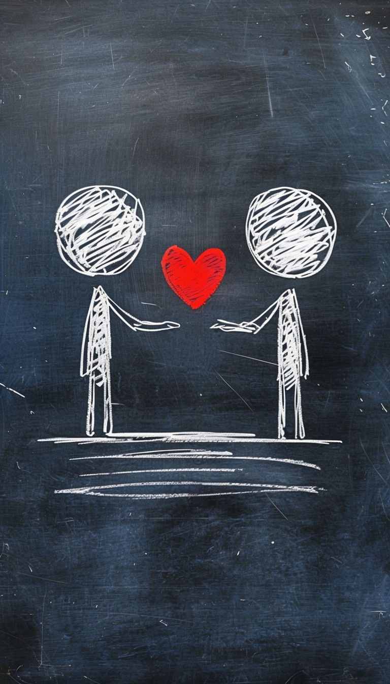 Chalk Drawing of Stick Figures Sharing a Heart on Blackboard Mobile Wallpaper