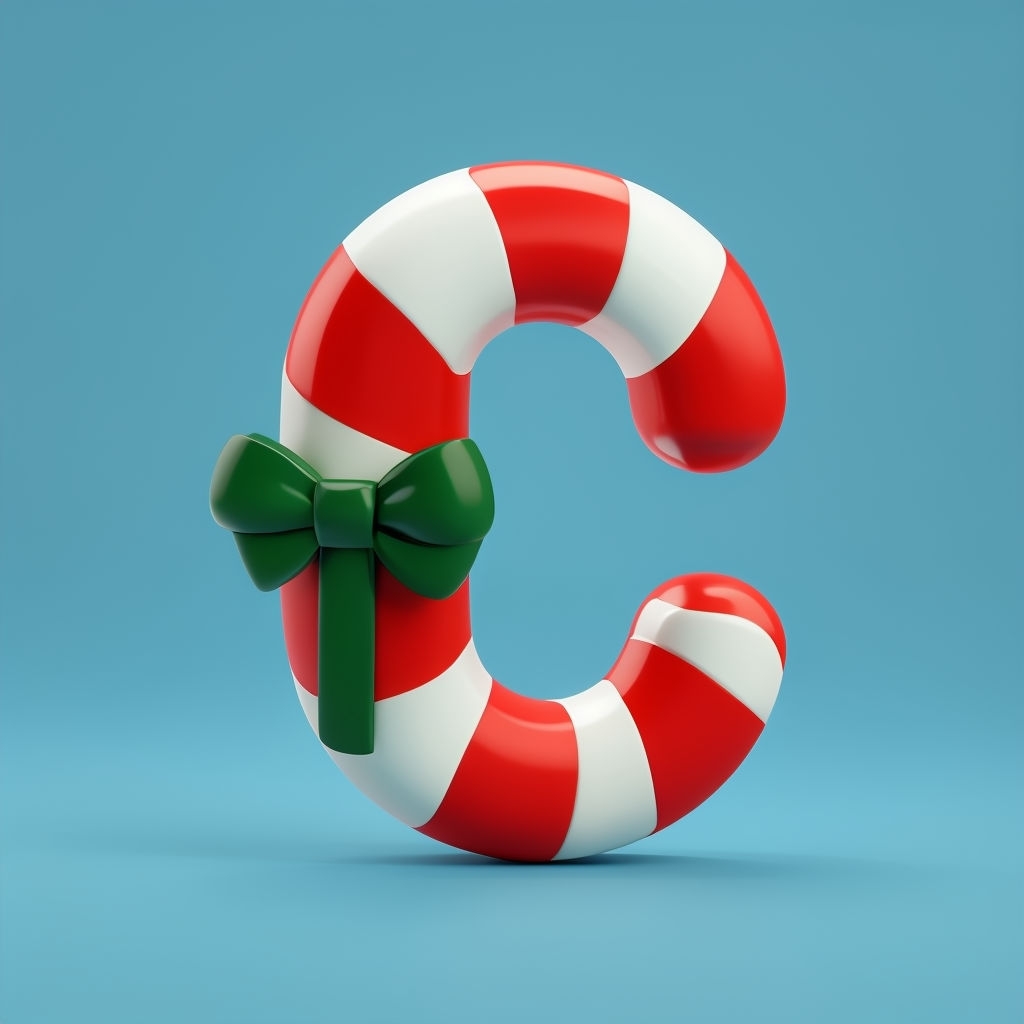 Festive 3D Candy Cane Shaped 'C' on Sky Blue Background Sticker