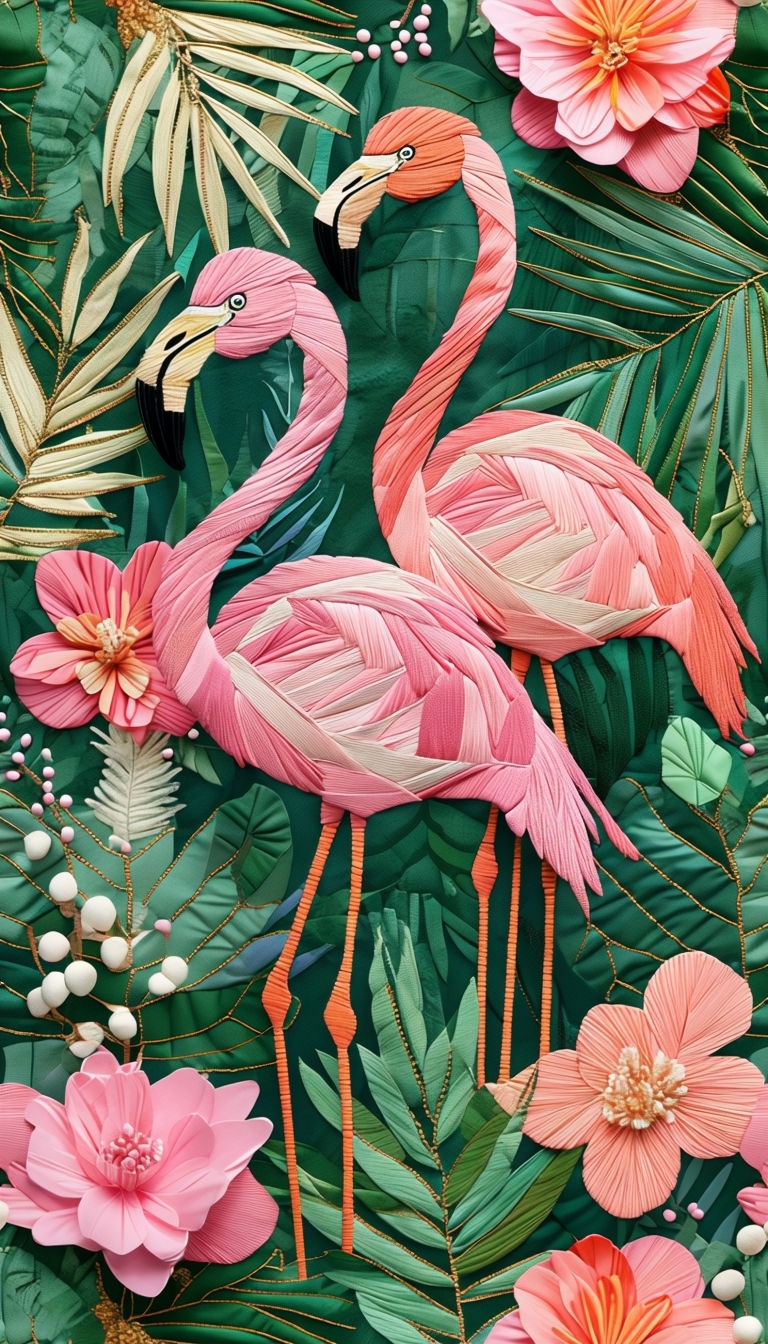 Vibrant Flamingo Textile Art Pattern with Tropical Elements Wallpaper