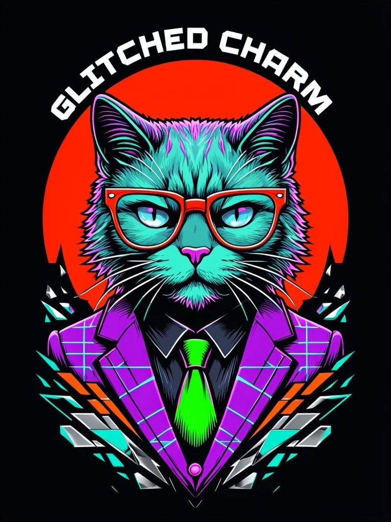 Glitched Charm Mint Green Cat in Formal Wear T-Shirt