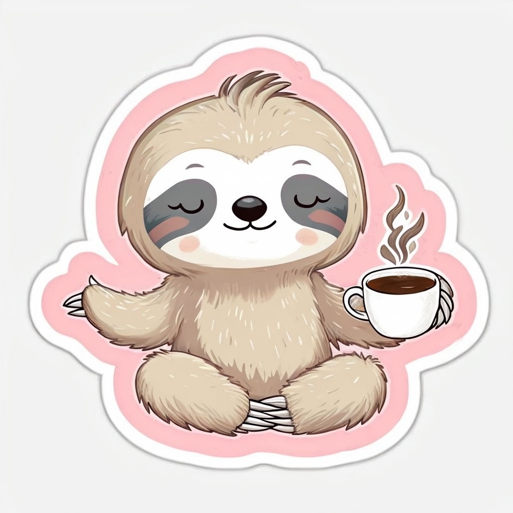 Cute Cartoon Sloth Meditating with Coffee Sticker