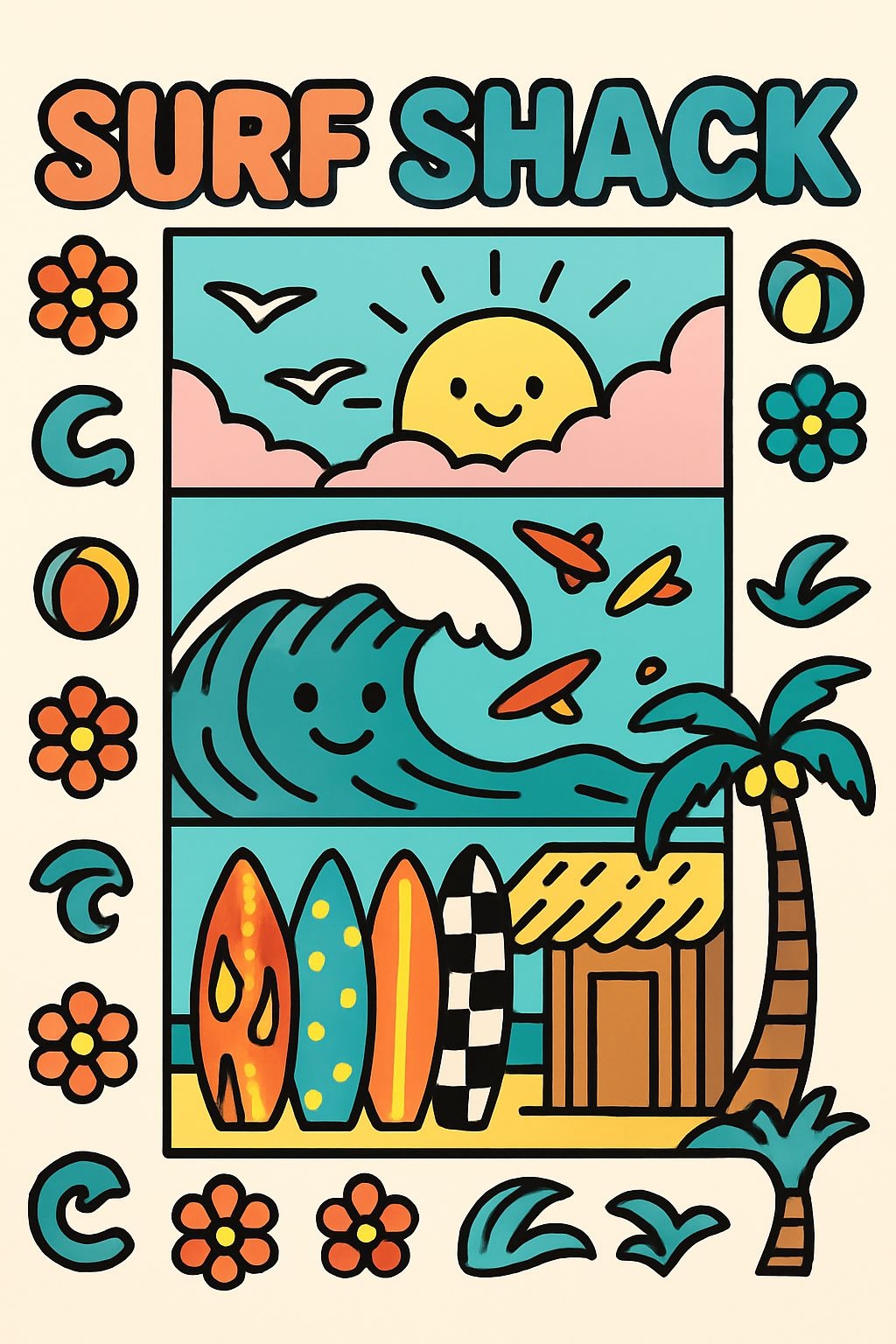 Vibrant Cartoon Surf Shack Beach Illustration Poster