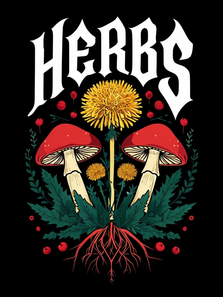 Vibrant Gothic Herbs with Mushrooms and Dandelions T-Shirt