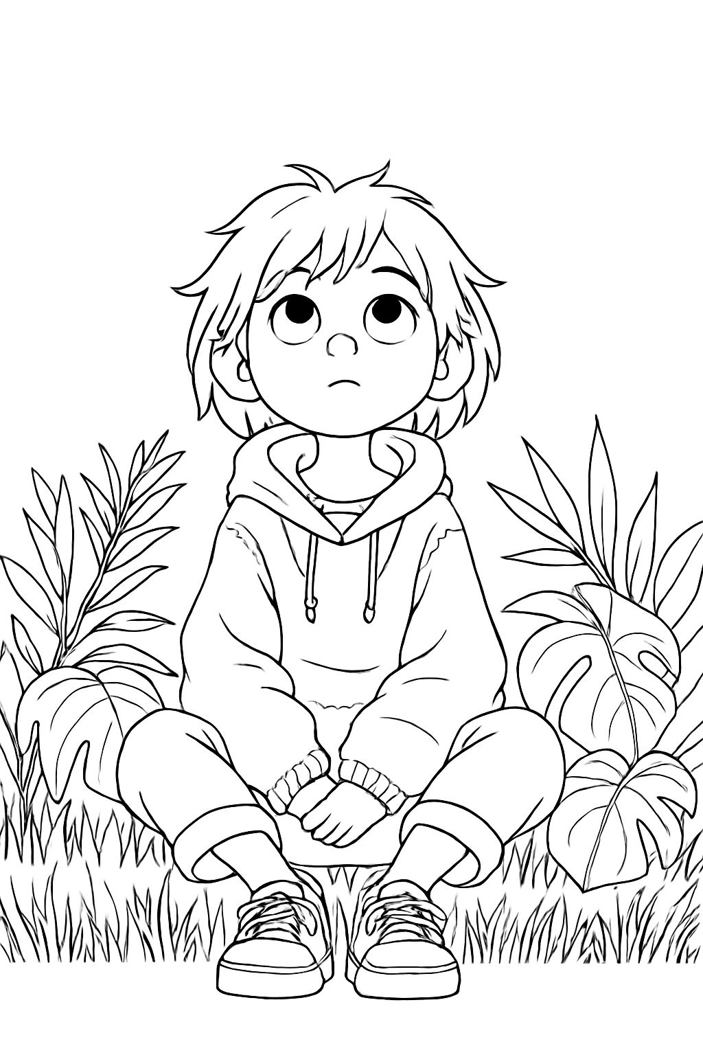 Anime Style Young Boy Sitting Among Plants Line Art Coloring Page