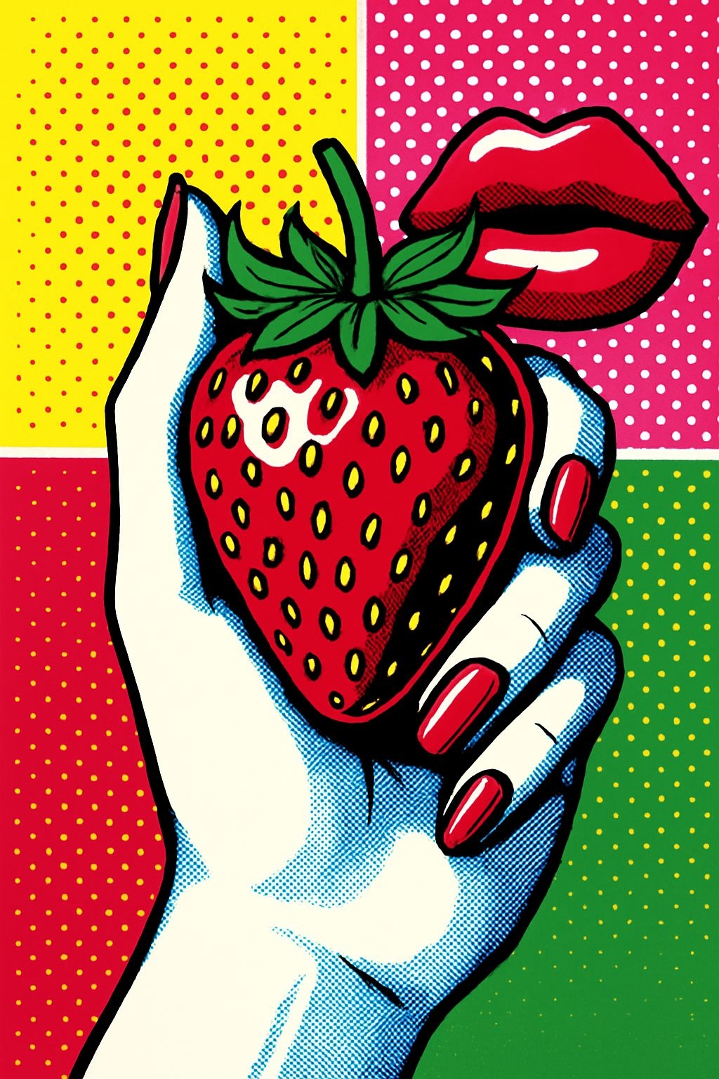 Vibrant Pop Art Strawberry and Lips T-Shirt Design