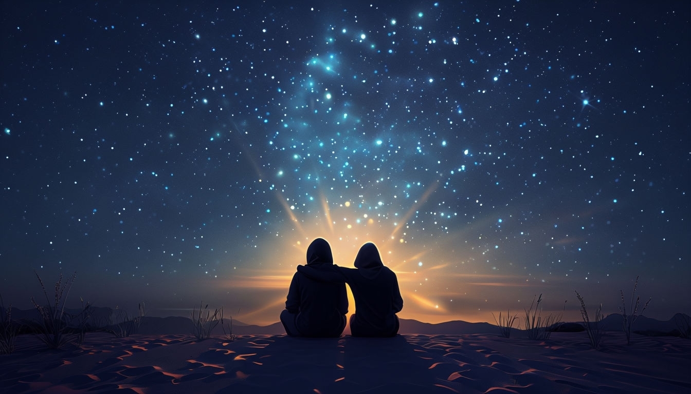 Serene Night Sky with Silhouetted Figures Virtual Background