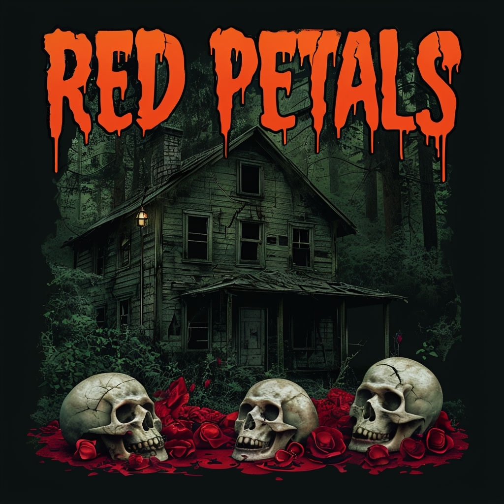 Eerie Dark House with Skulls and Red Petals Album Cover
