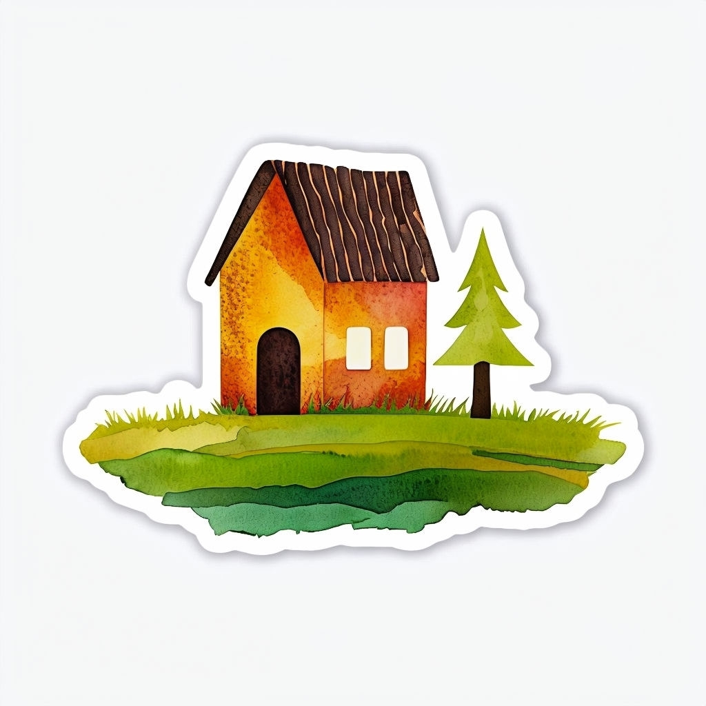 Whimsical Watercolor House Illustration with Tree Sticker