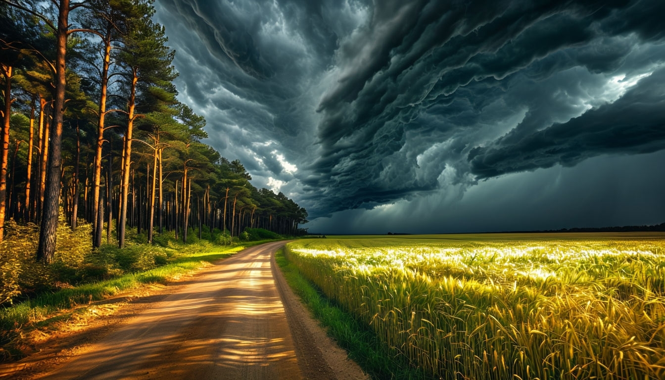 Dramatic Stormy Landscape with Wheat Field and Pine Trees Virtual Background