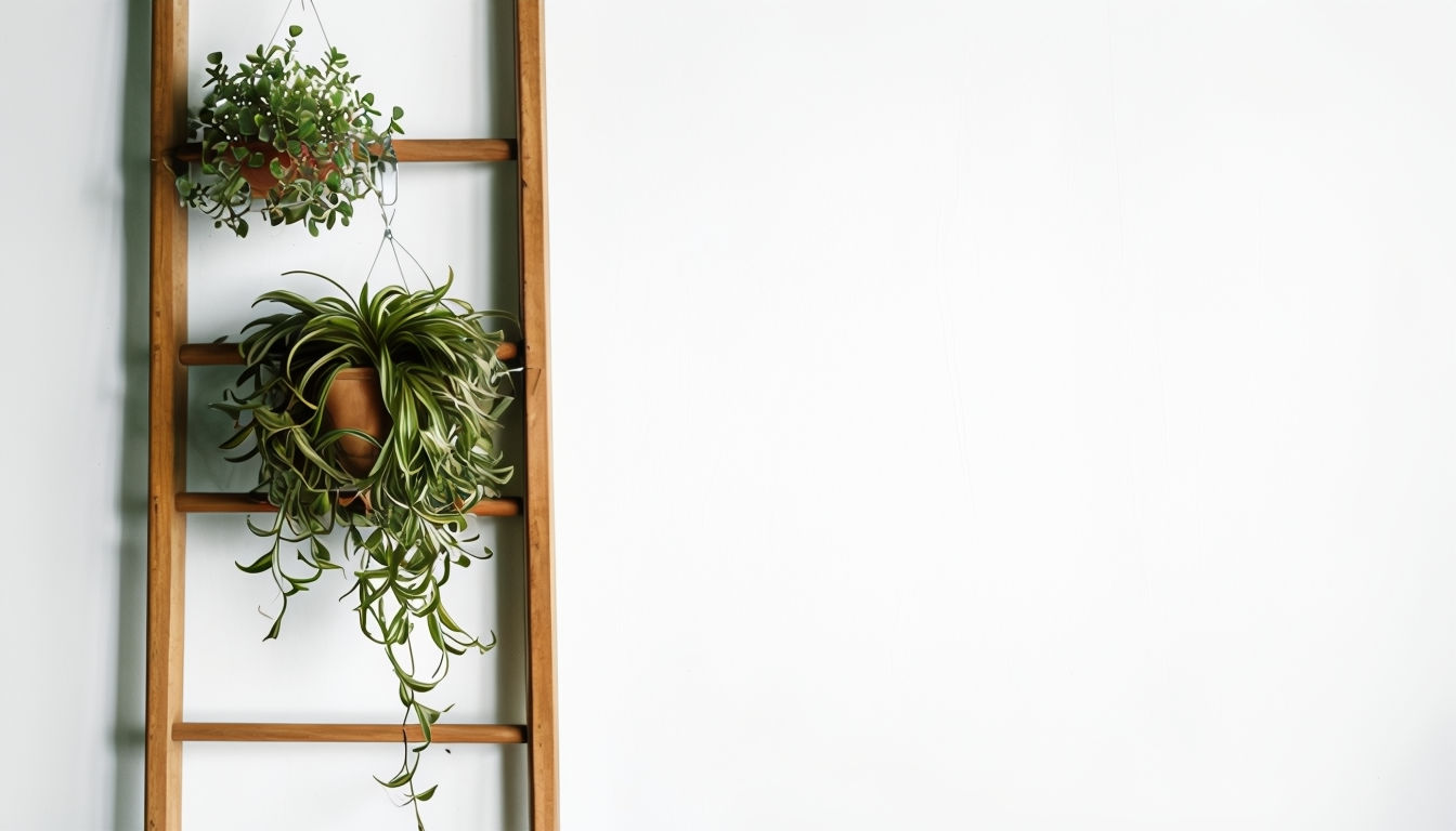 Minimalist Wooden Ladder with Hanging Plants Photograph Art