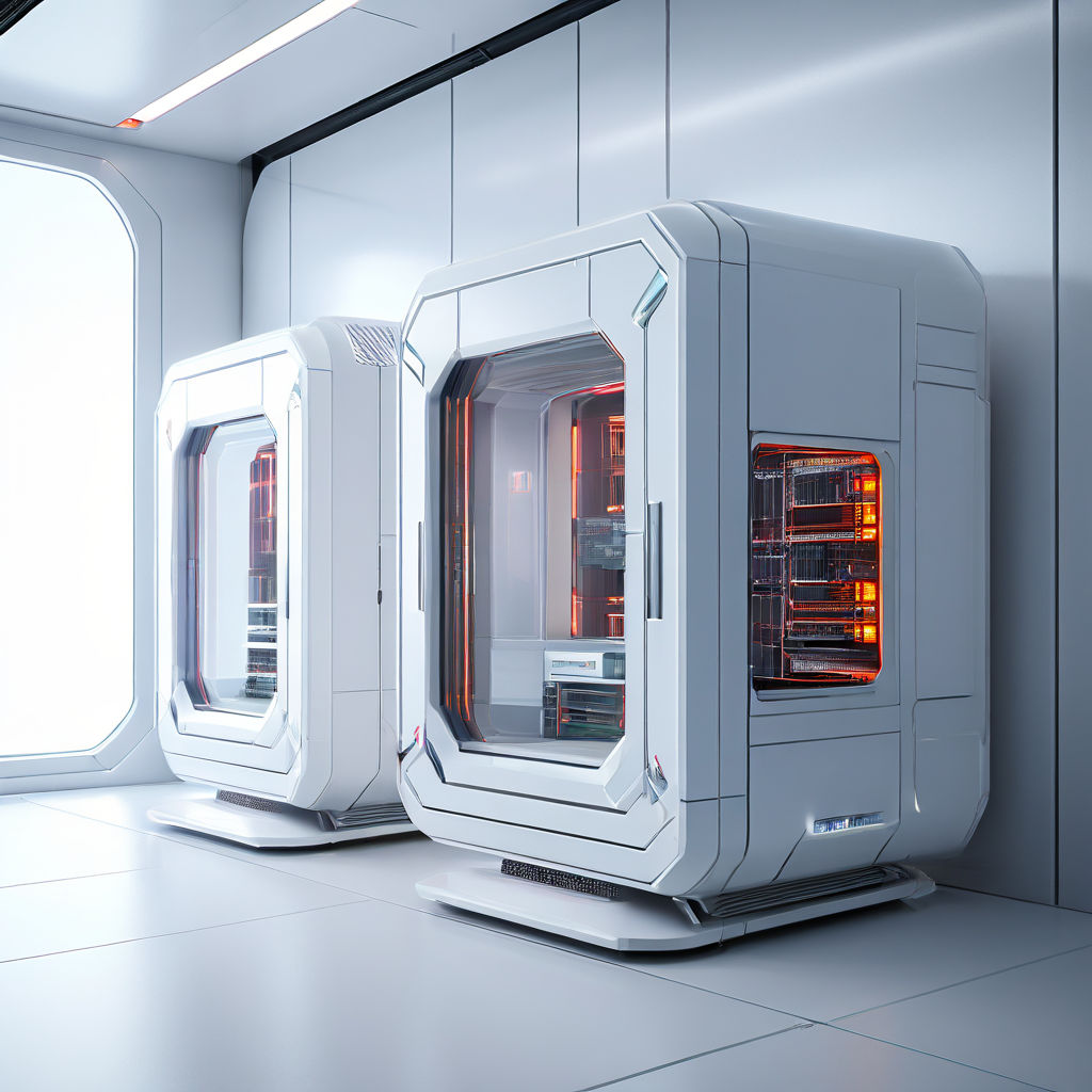 Futuristic computer cabinets are standing in a small sleek w... by ...