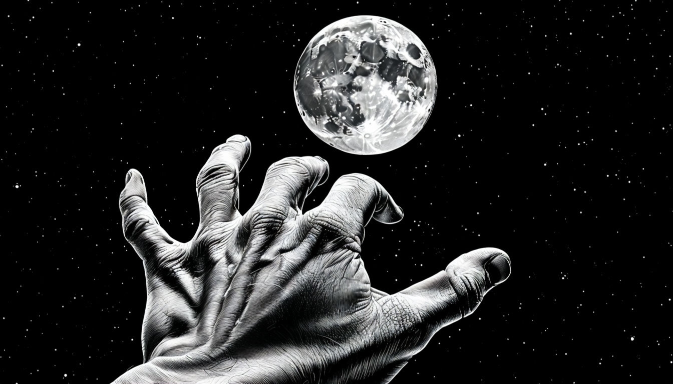 Dramatic Black and White Human Hand Reaching for Moon Virtual Background