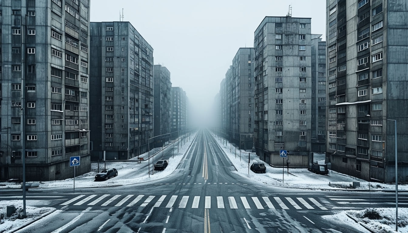 Desolate Urban Ghost City with Foggy Atmosphere Background  Virtual Backgrounds