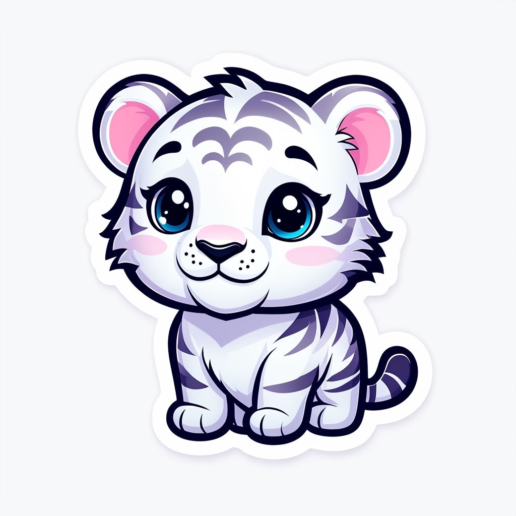 Adorable Cartoon White Tiger Cub with Expressive Blue Eyes Sticker