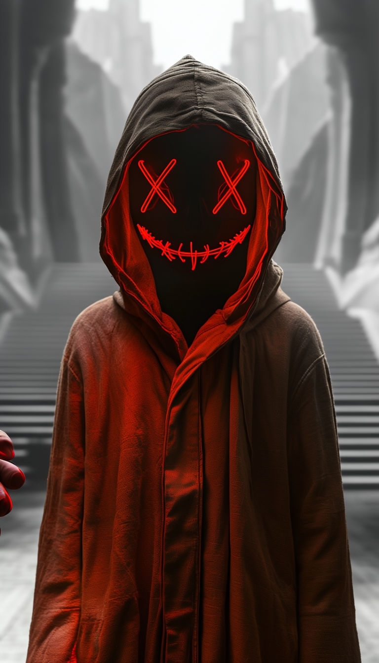 Mysterious Hooded Figure Illuminated by Neon Light Mobile Wallpaper