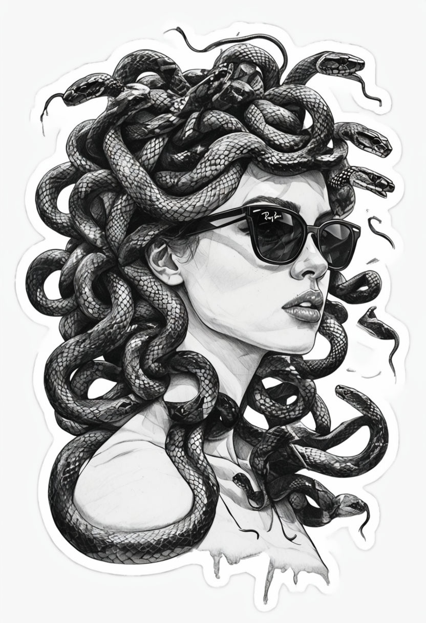 Medusa Inspired Black and White Snakes Illustration Sticker