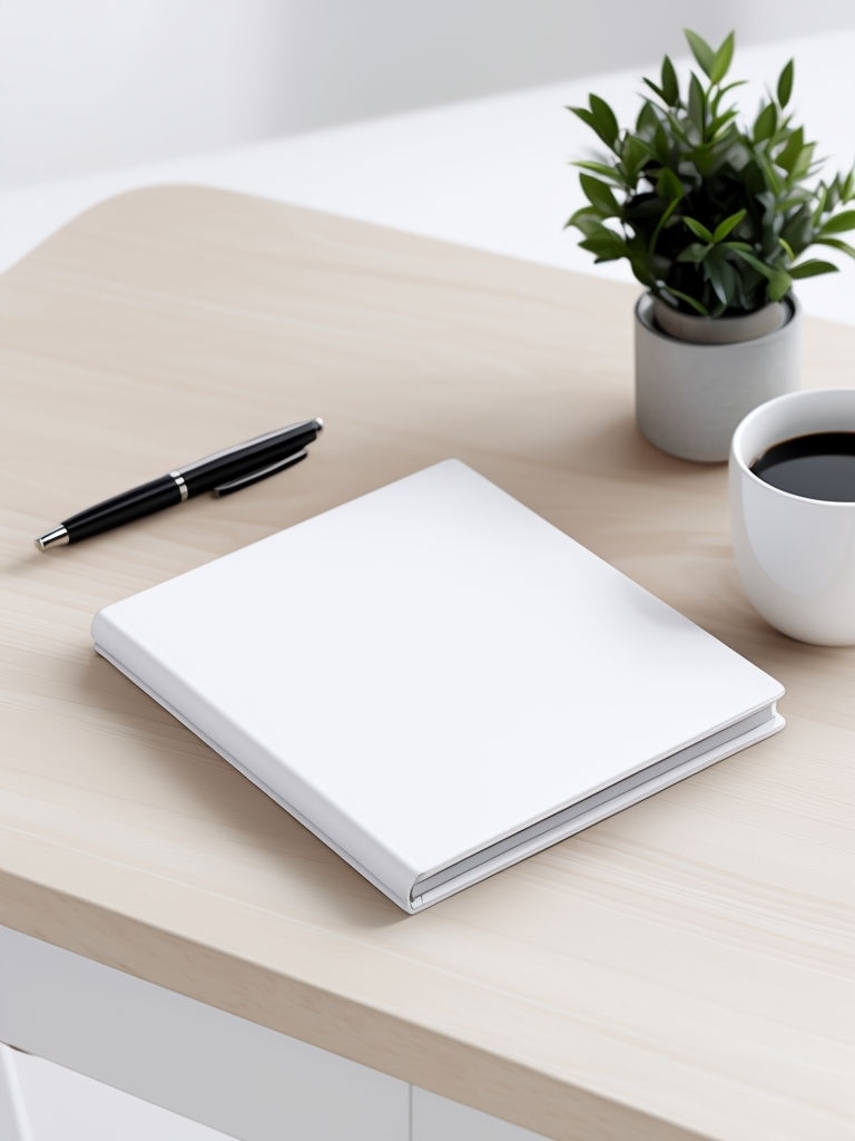 Elegant White Notebook and Black Pen on Light Wood Desk Mockup