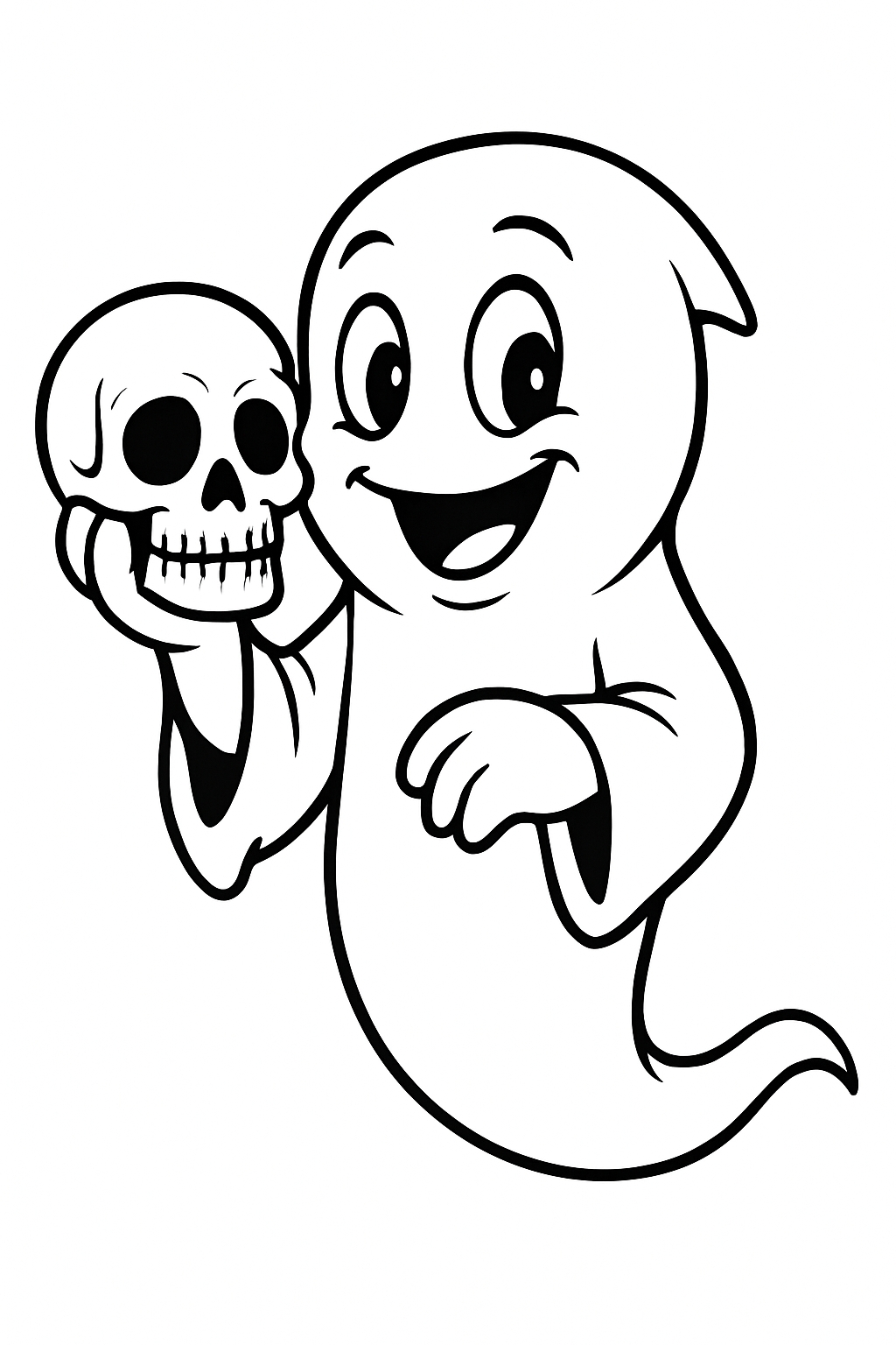 Friendly Cartoon Ghost Holding Skull Coloring Book Page