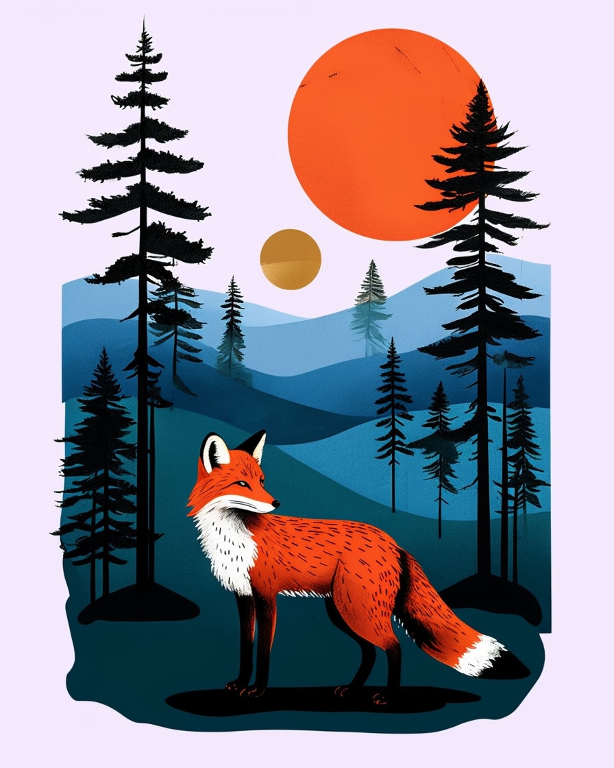 Serene Minimalist Landscape with Fox and Celestial Bodies Poster