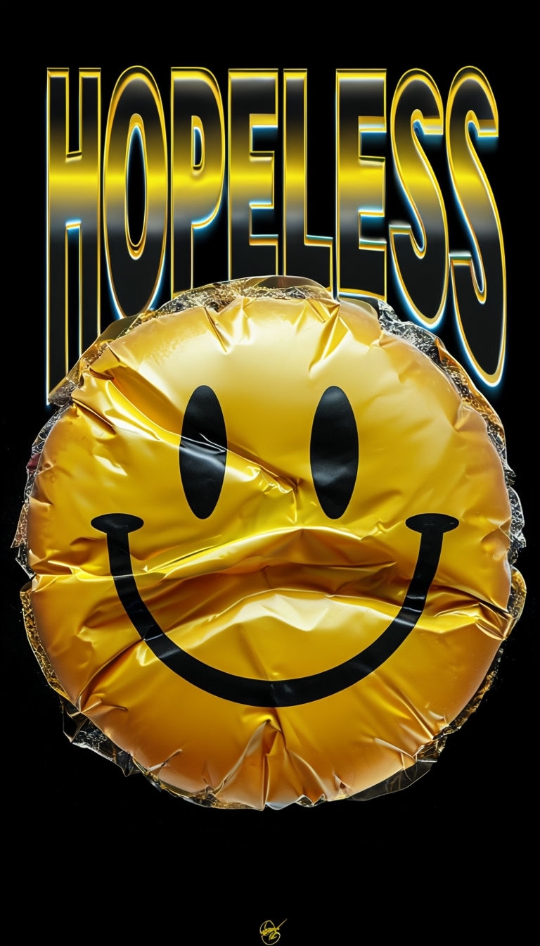 Surreal Smiley Face with Hopeless Text Art on Black Background Art