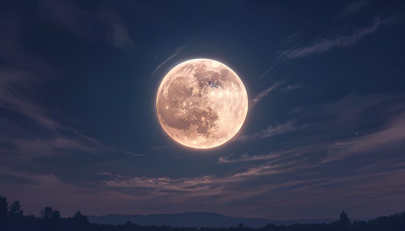 Illuminated Full Moon Night Landscape with Starry Sky Background