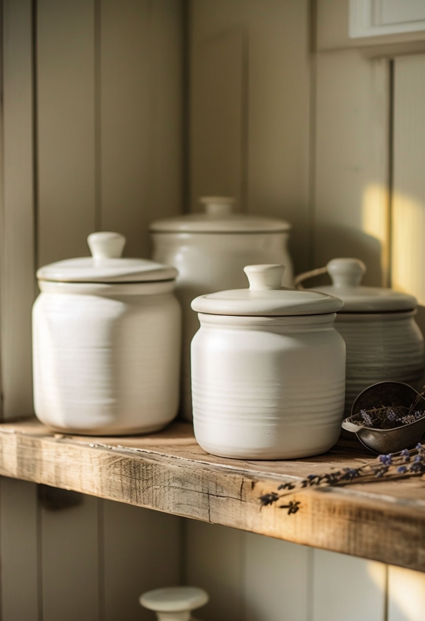 Rustic Ceramic Canisters on Reclaimed Wood Shelf Photography Art