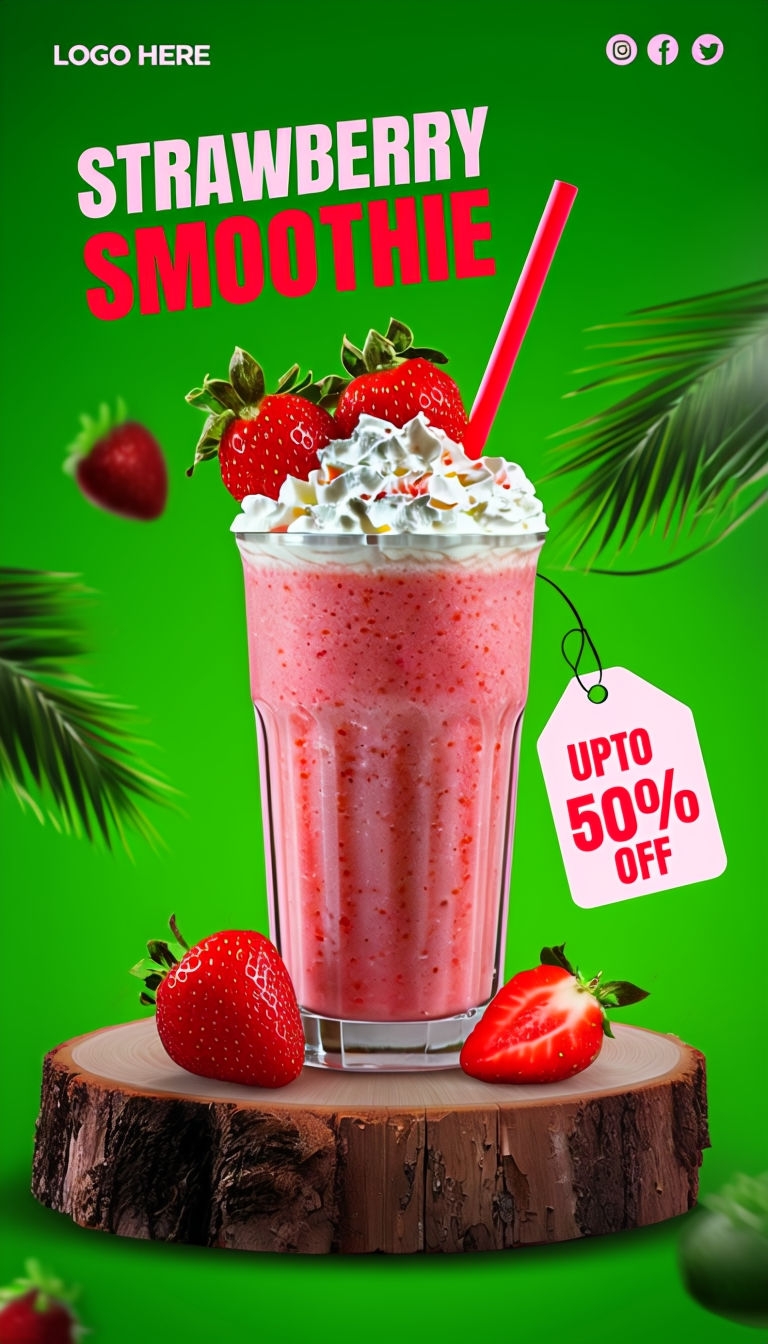 Vibrant Strawberry Smoothie Promotion with Fresh Ingredients Poster