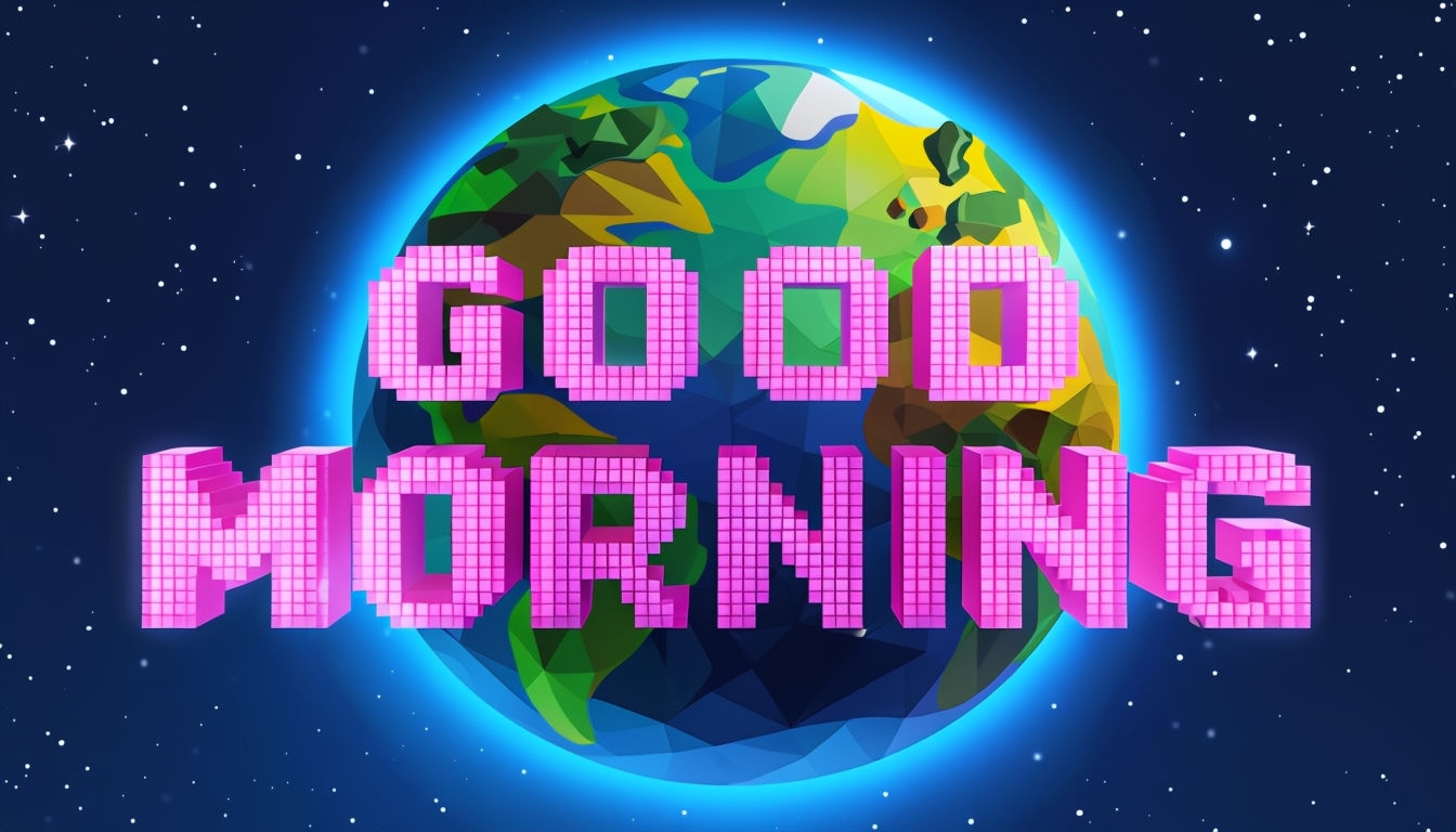Pixelated 'Good Morning' Text with Earth Background Artwork for Virtual Backgrounds