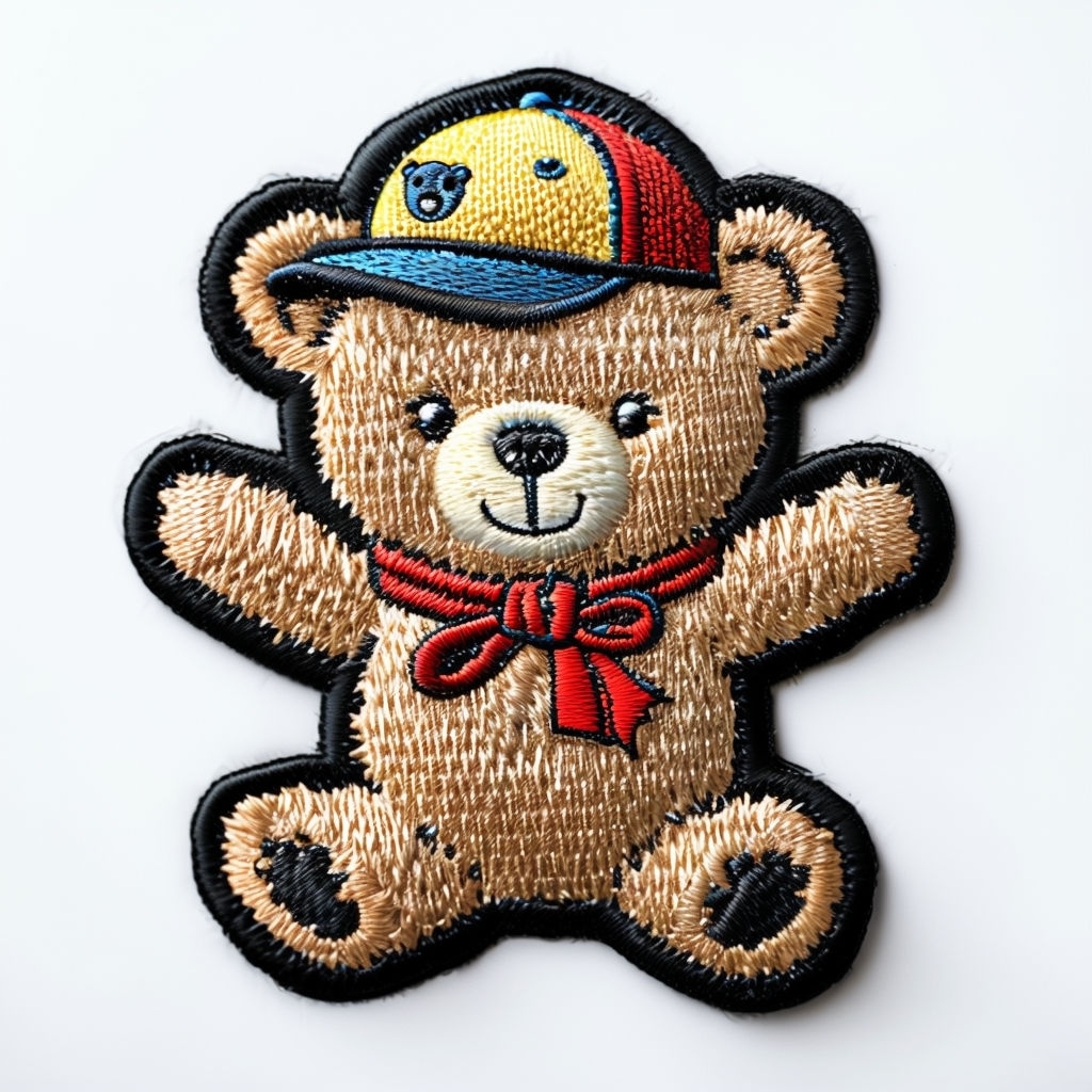 Charming Teddy Bear Embroidered Patch with Colorful Cap and Scarf Hat