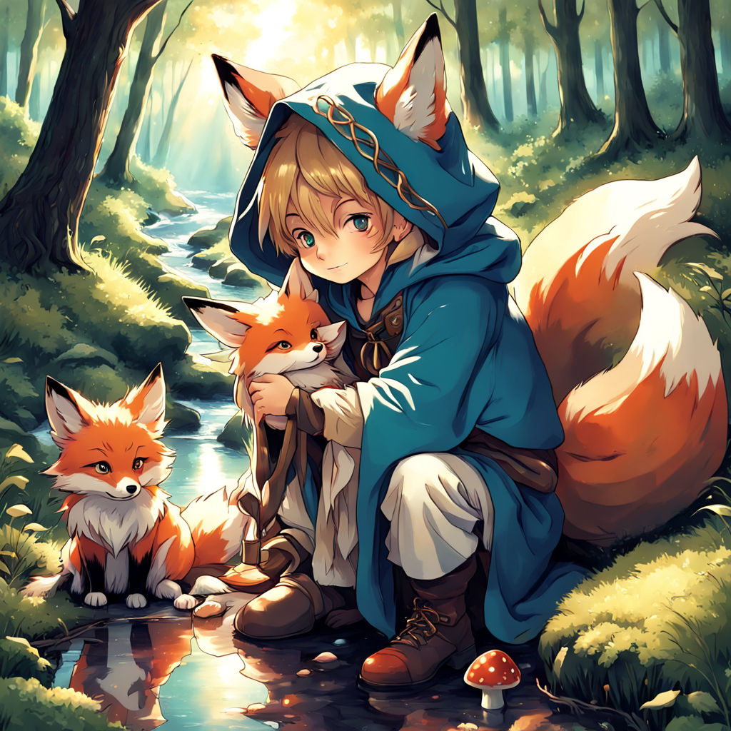 Anime fluff cute fox with kid