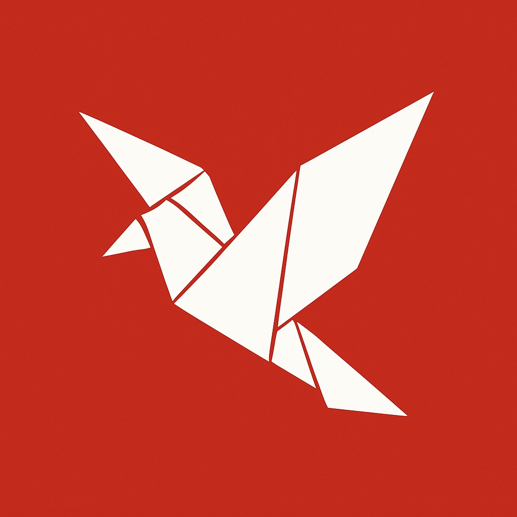 Minimalist White Origami Bird against Vibrant Red Background Logo