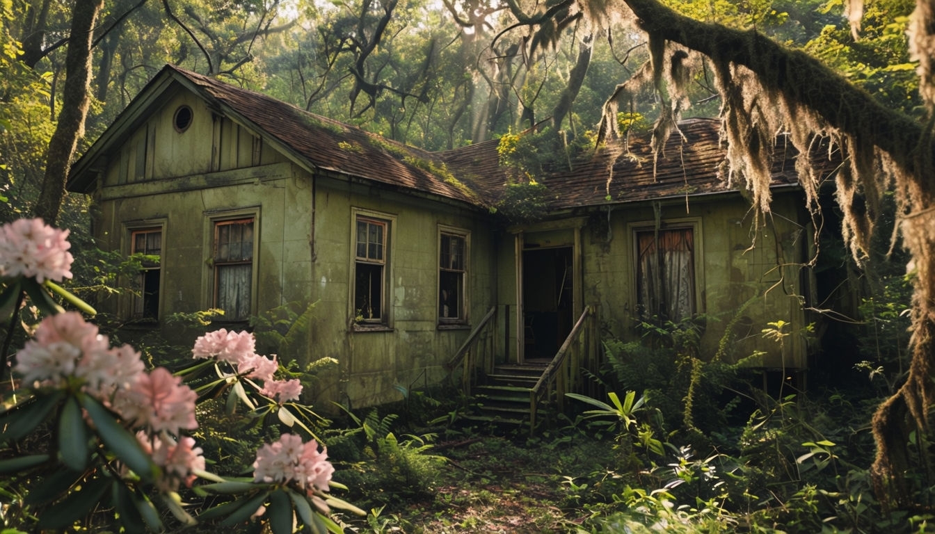 Abandoned House Surrounded by Lush Forest Virtual Background