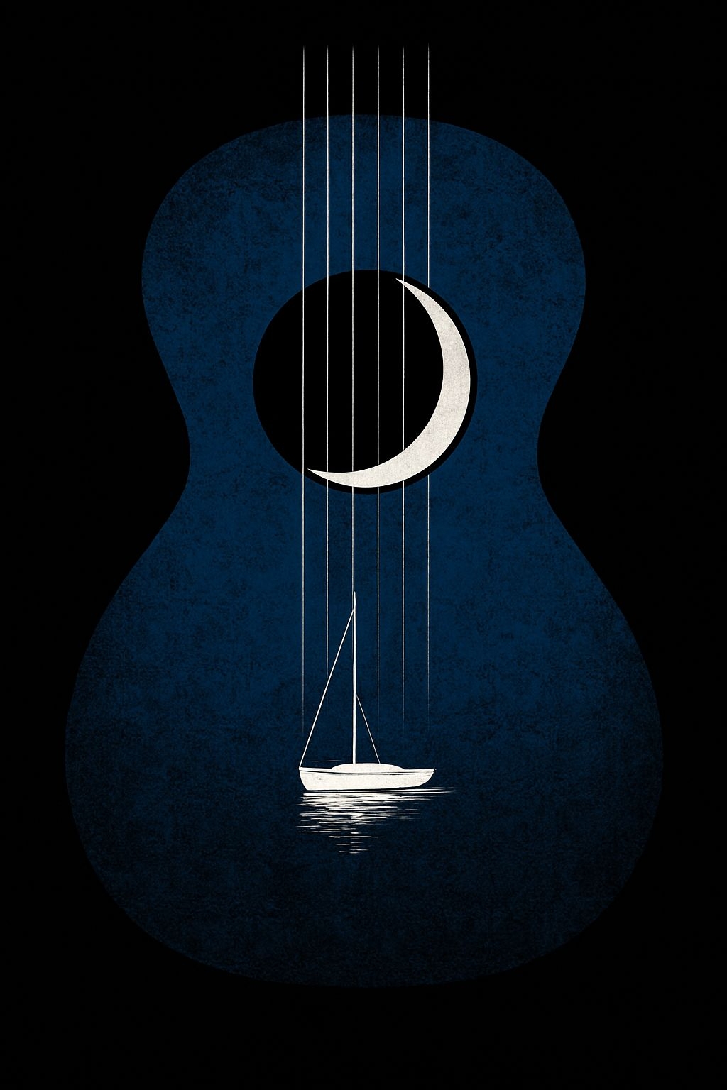 Midnight Blue Acoustic Guitar with Sailboat Minimalist Poster