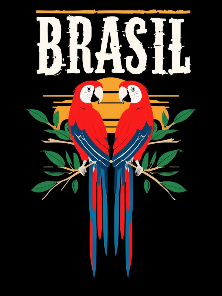 Vibrant Scarlet Parrots Illustration with Brasil Text Poster