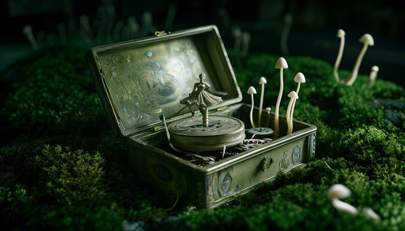 Creepy Antique Music Box on Mossy Ground Wallpaper 