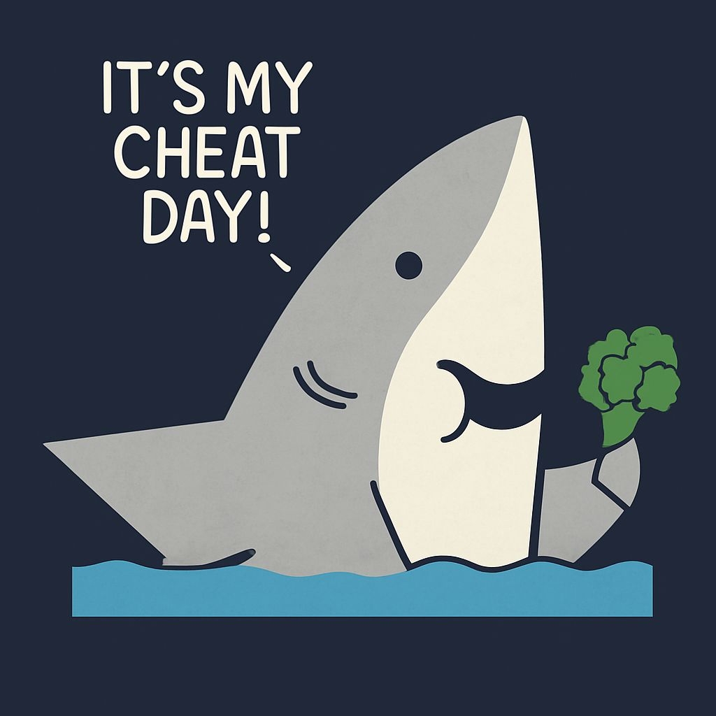 Cheerful Cartoon Shark Holding Broccoli It's My Cheat Day T-Shirt