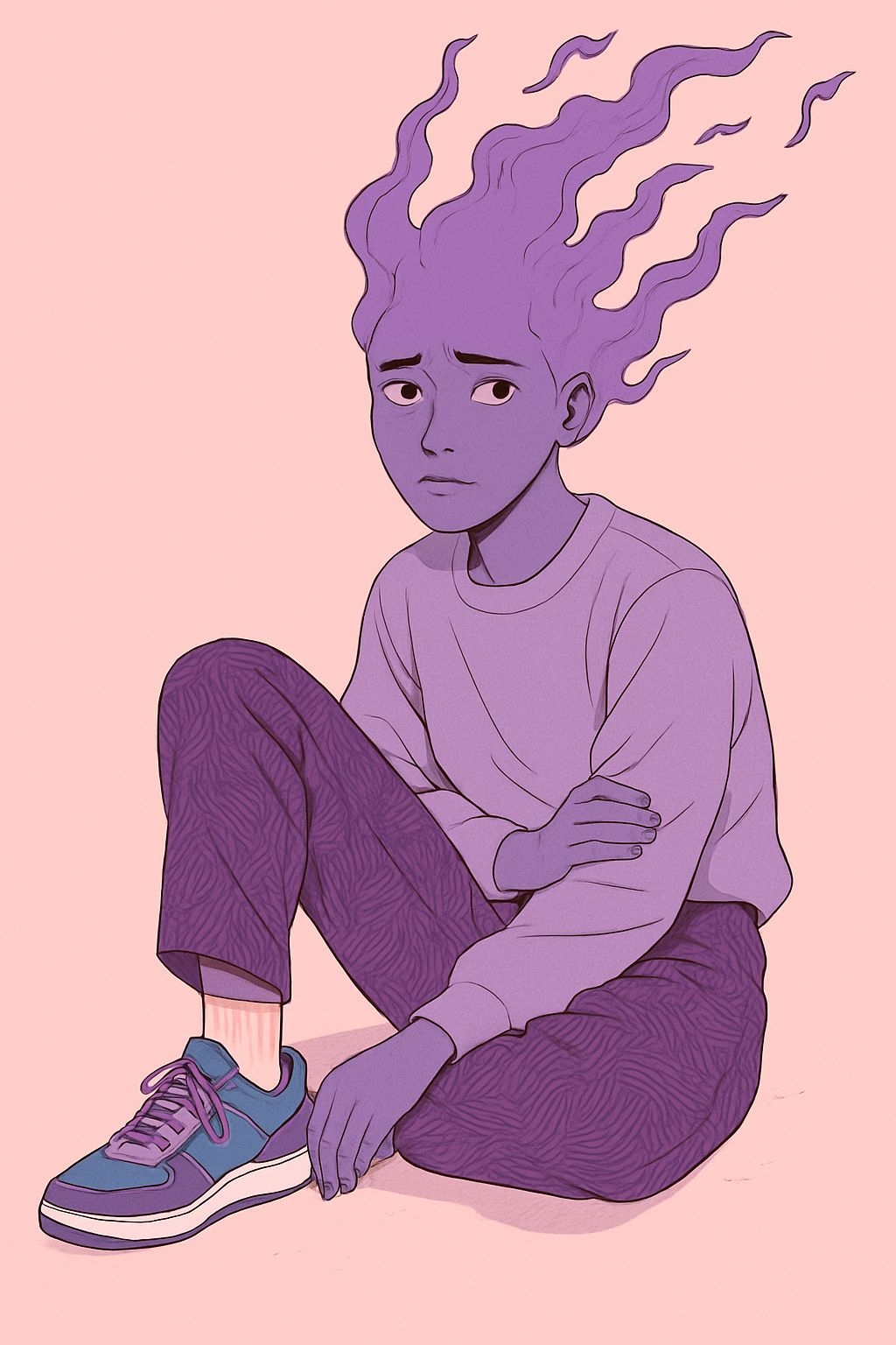 Anime-Inspired Character with Purple Skin and Flame Hair Art