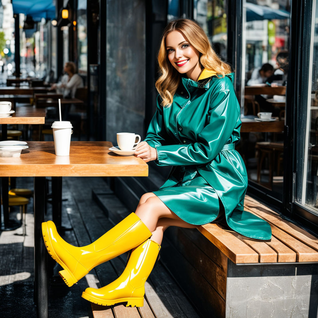 Woman in rainwear with rubber boots sitting in cafe in sunsh... by ...