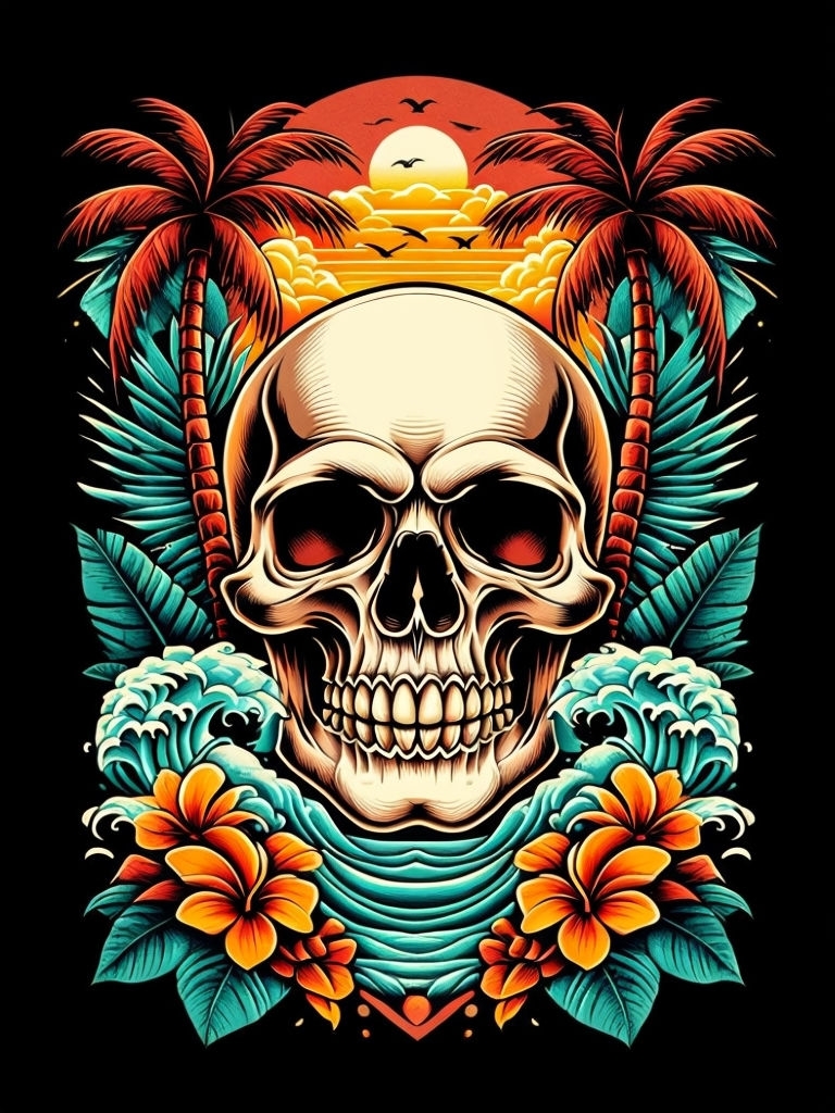 Vibrant Tattoo Skull with Tropical Elements T-Shirt