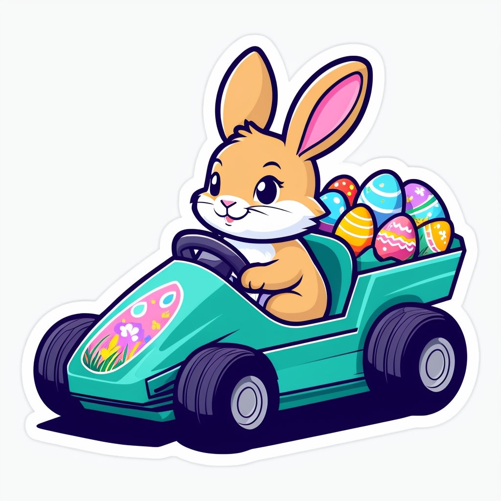 Cheerful Bunny in Teal Go-Kart with Colorful Easter Eggs Sticker