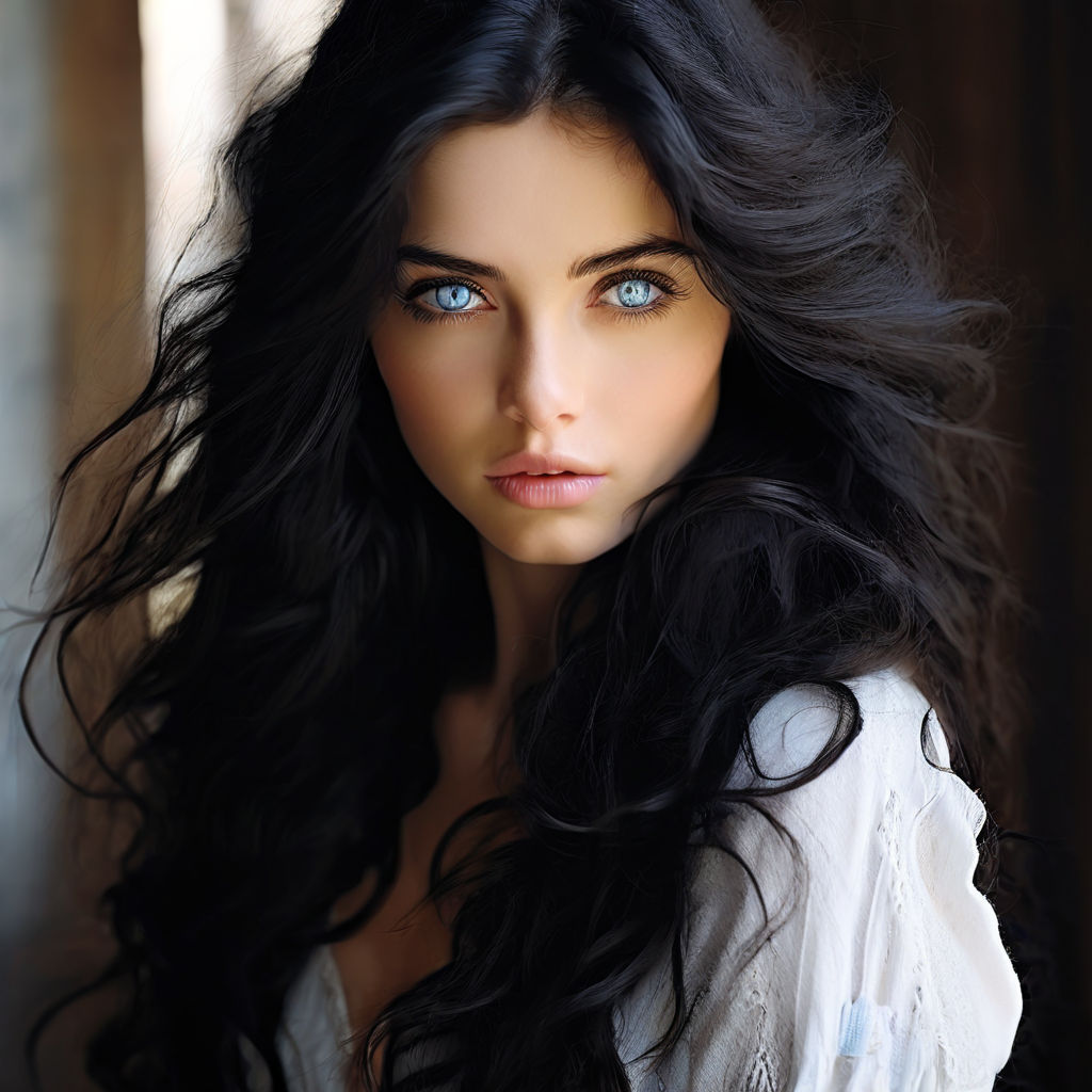 a stunning 22 years-old woman black hair deep blue eyes