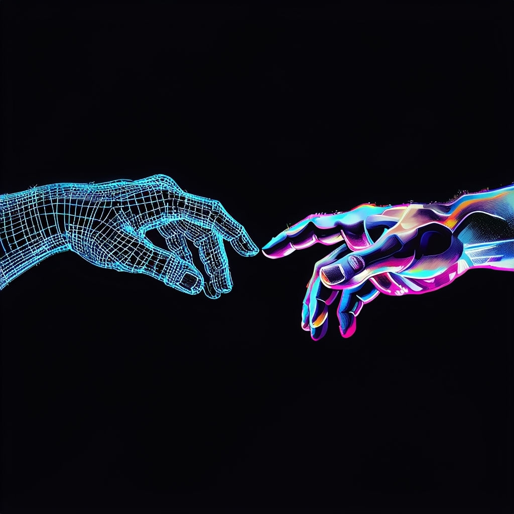 Neon Hands Reaching Connection Digital Artwork T-shirt