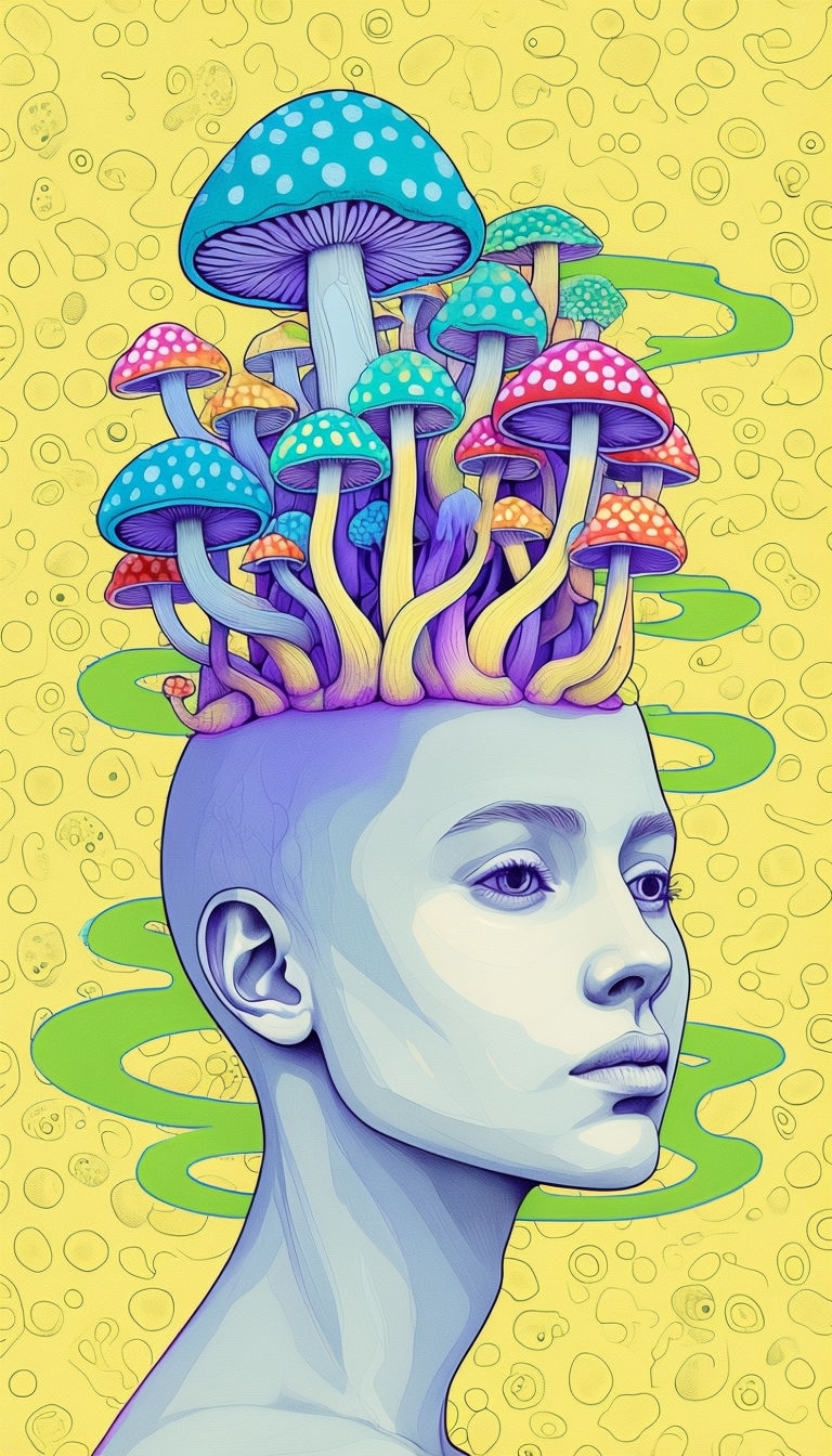 Surreal Mixed Media Portrait with Colorful Mushroom Growth Mobile Wallpaper